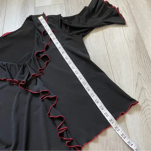 Vintage Y2K Nally & Millie Flare 3/4 Bell Sleeve Red Ruffle Trim V Neck Blouse Black Size L