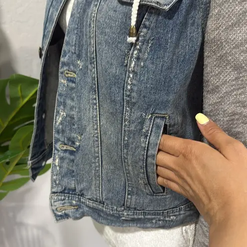 Free People  destructed denim sweater jacket with removable hood - Image 6