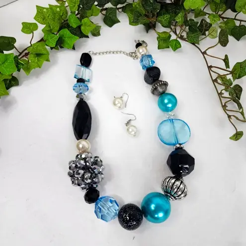 Statement Blue Mixed Media Necklace Earrings Set