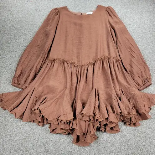 Bluivy Swing Dress Youth Medium Brown Ruffle Trim Fit & Flare Mini Lined Flowy