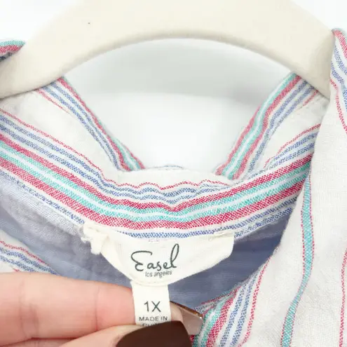 easel  Womens Boho Spring Gauzy Striped‎ Daisy Floral Printed Top Size 1X Blue