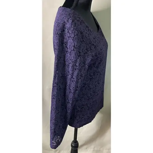 Coldwater Creek Women's Purple Floral Long Sleeve Crochet Lace Top Shirt Medium