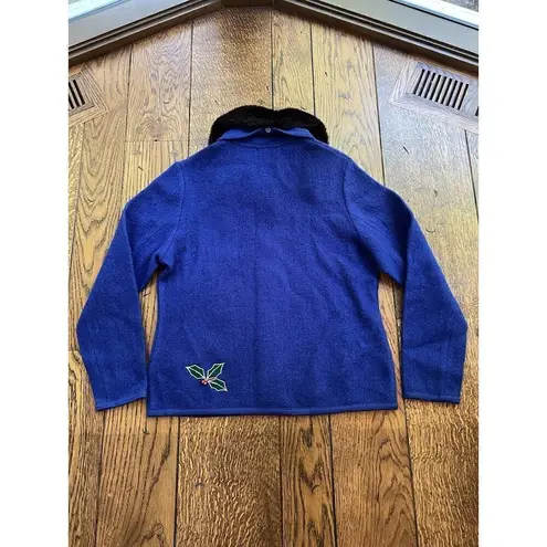 Lisa International Women’s M Blue Boiled Wool Zip Jacket w/ Santa Ugly Sweater Size M