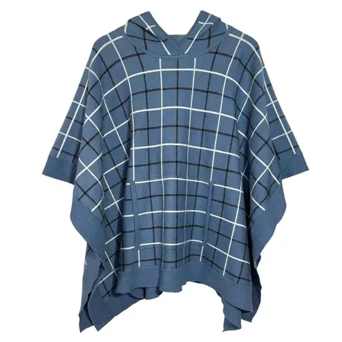 Tahari Poncho One Size Blue Plaid Windowpane Cape Jacket Hoodie Sweater Cozy