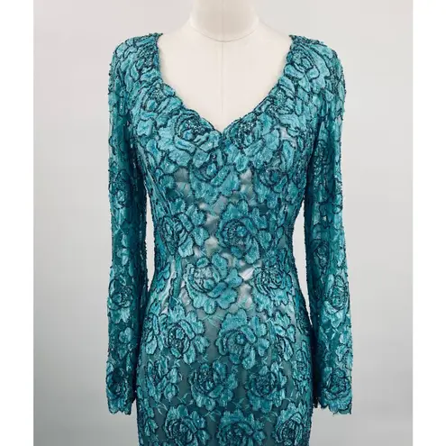 Vintage Floral Beaded Gown Long Sleeve V Neck All Over Rose Beading Turquoise 4 Blue