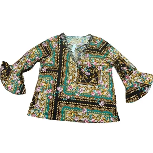 NWT Purple Rain bellsleeve Floral Print Sequin Beaded Neckline Boho Chic Tunic3X Size 3X