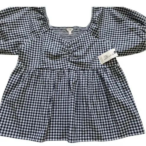 Terra & Sky Top Navy White Gingham Cotton Smocked Short Puff Sleeve Plus 1X NEW