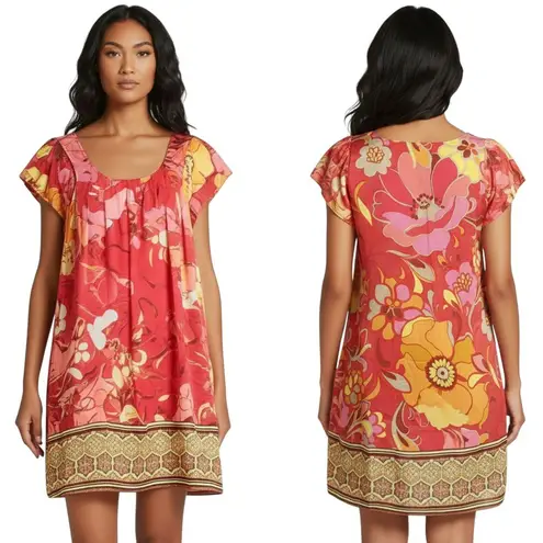 Hale Bob Silk Floral Boho Shift Dress S – Coral Pink Yellow Resort