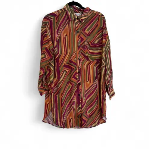 Dress Forum Rayon Abstract Stripe Long Tunic Button Shirt Dress Medium