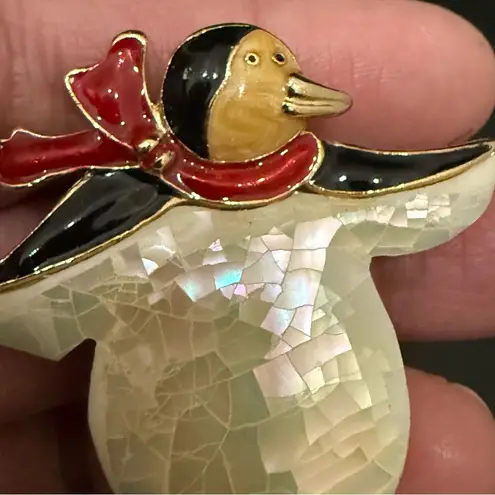 Vintage Unsigned Enameled Penguin Ice Skating Mosaic MOP Belly Brooch 23g. Red