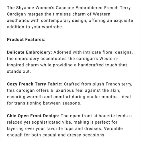 Shyanne Cascade Embroidered French Terry Cardigan Western Embellished Timeless