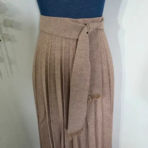 Vintage Taupe Tweed Midi Pleated Skirt with Tie Belt Tan Size undefined