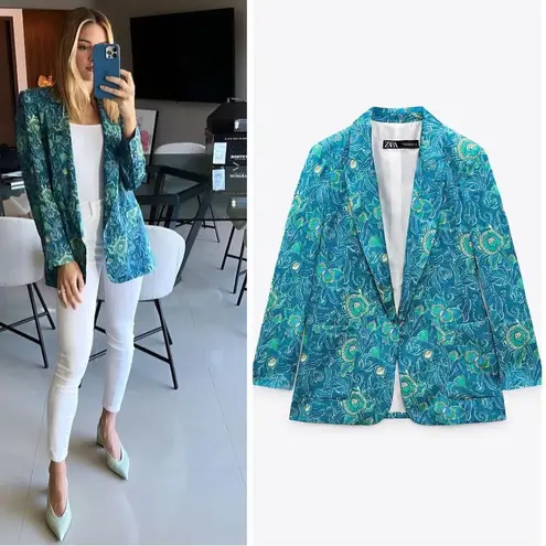 ZARA  Satin Peacock Hawaiian Print Blazer Blue/Green SIZE S NEW