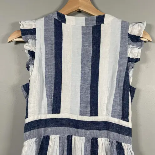 Point Sur J Crew Blue Striped Linen Front Button Blue Summer Midi Dress Size 4P