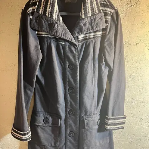 prAna Grey Coat with Striped Collar, stripe details at collar and cuffs, longer