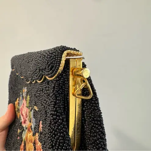 Vintage 60s Black Fully Beaded Floral Needlepoint Bag