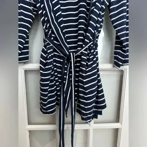 Lands' End Lands’ End Cotton Above Knee Length Robe Deep Sea Navy Stripe Plus Size 1X - 2X