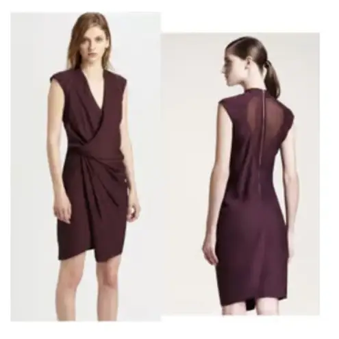 Helmut Lang Purple Maroon Pleated Wrap Cap Sleeve Silk Blend Blouson Dress Siz 2