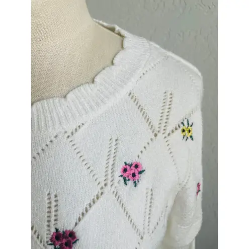 Willow & Wind Embroidered Pointelle Knit Sweater Women’s XS White Floral