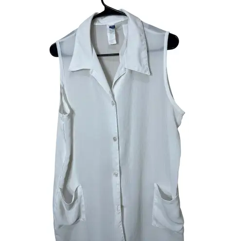 White Sleeveless Duster Top Christina Sheer Button Down Pockets Size 1X