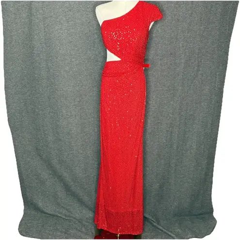 Mac Duggal Ieena for Red Sequin One Shoulder Cut Out Gown Size 2