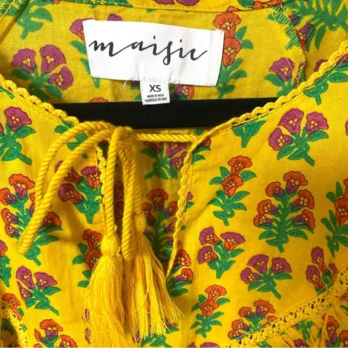 Maisie Yellow boho block print ruffled tassel tie puff sleeve mini dress XS
