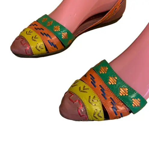 Apostrophe VINTAGE 1990'S COLORFUL LEATHER STITCH ACCENT FLAT SANDALS (8.5)