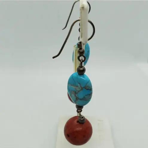 Sterling Silver Turquoise & Coral Dangling Earring Red
