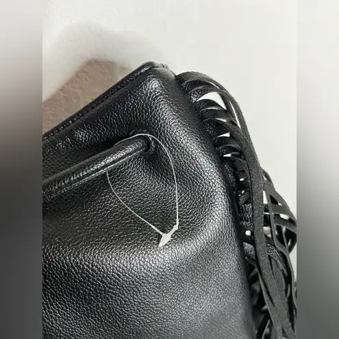 Victoria's Secret Fringe Bucket Bag Drawstring Black Faux Leather Large NWOT