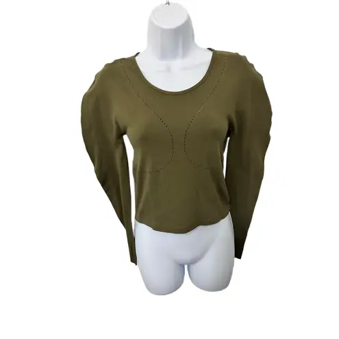Fabletics  Contour Olive Green Seamless‎ Ribbed Pattern Long Sleeve Crop Top - Image 3