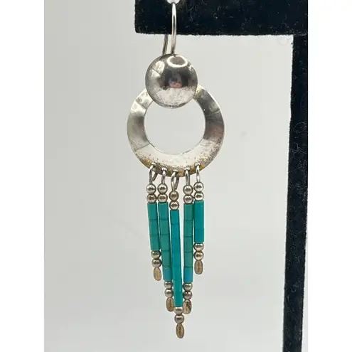 Vintage Turquoise And Sterling Silver Beaded Tassel Drop Earrings Southwestern Blue