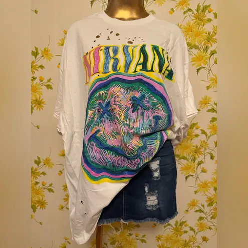 Nirvana Distressed T-shirt Dress white size S/M