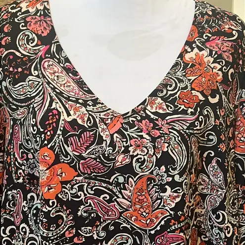 J. Jill Top Navy Blue Orange Paisley Floral Flare Sleeve V Neck Top Size Large