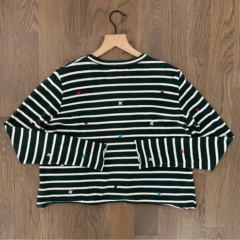 The Great NWT The Long Sleeve Crop Tee Emerald Stripe w/ Multi Folk Embroidery
