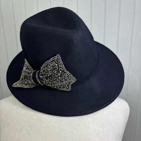 Something Special Elegant Navy Hat with Beaded Bow 100% wool felt Blue