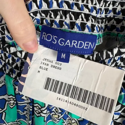 NWT Ro's Garden Jenna Dress Ivan Blue Size Medium Smocked Geometric Boho Chic