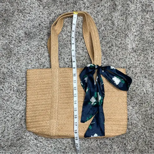 Draper James Everyday Straw Shoulder Bag Purse Navy Floral Scarf Woven Tan Brown