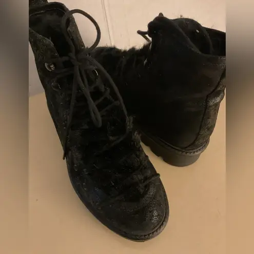 Seychelles women black metallic leather faux fur lace up combat boots size 6