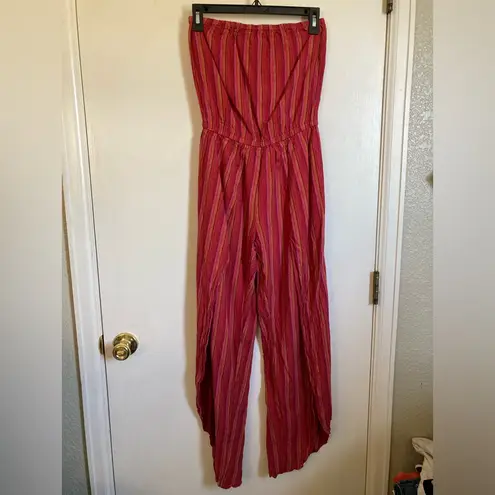 Drew 🌞Anthro Emerson Red Striped Linen Blend Strapless Split Leg Jumpsuit