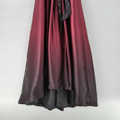 Slny Ombre Satin Wrap Gown Size 10 Black Maroon Formal Maxi Dress Evening