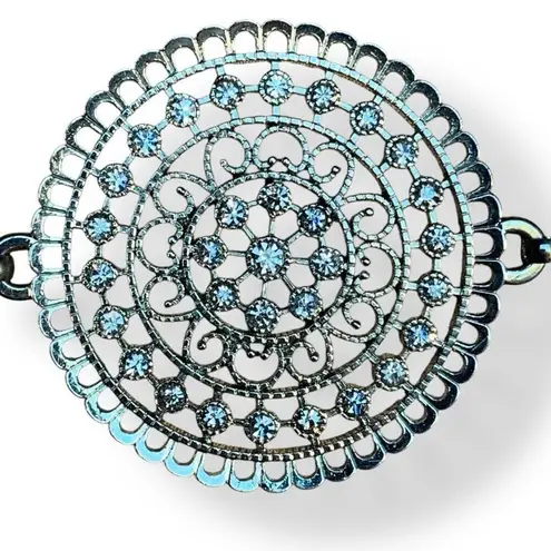 None Silver Tone Rhinestone Filigree Medallion Chain Link Belt Adjustable Fit Boho