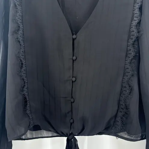WAYF Black Long Sleeve Sheer Lace Trim Button Up Tie Front Blouse Top Large