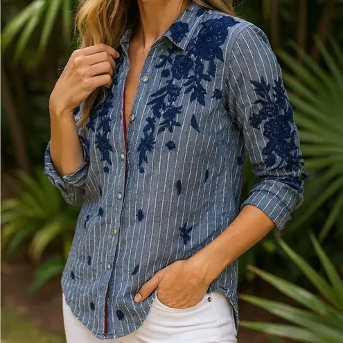 Johnny Was Western heavily embroidered velvet trimmed Miloqui button up shirt