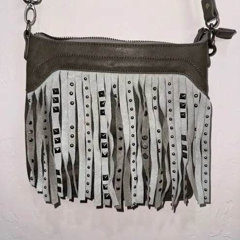 SHARIF BROWN FRINGE STUDDED CROSSBODY SHOULDER PURSE Grey Gray