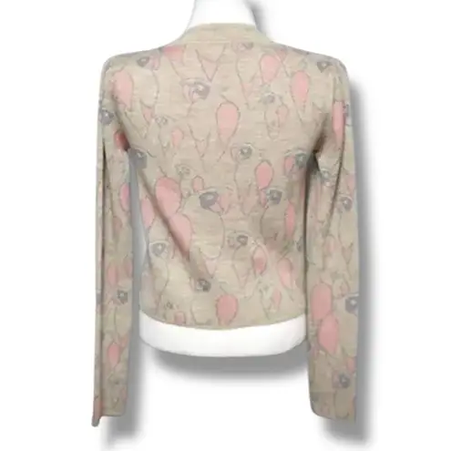 JILL Pastel Oatmeal Light Pink Parrot Animal Print Knit Cropped Cardigan Sweater Tan