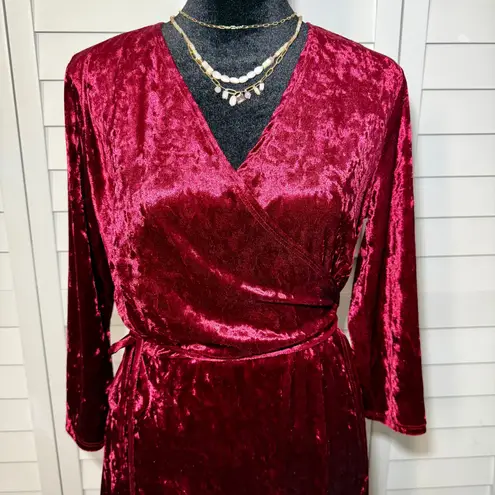 Burgundy Crushed Velvet Long Sleeve Faux Wrap Dress Red Size M