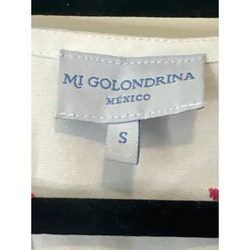 Mi Golondrina Floral Embroidered White Dress Size Small Purple Pink Pockets