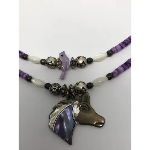Rare Vtg Silver Horse Necklace Purple Pony Pendant Silver Roses Beaded Bird 16"