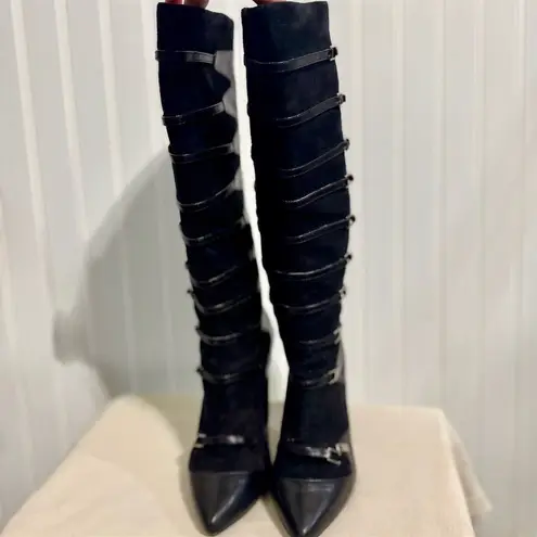 Adrienne Vittadini VTG Black Leather Suede Strappy Buckle Boots 7.5M Italy Y2K