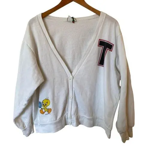 B.J. Frog Long Sleeve Looney Tunes Cotton Cardigan Sweater Cream Women's Size 42 Yellow Size L